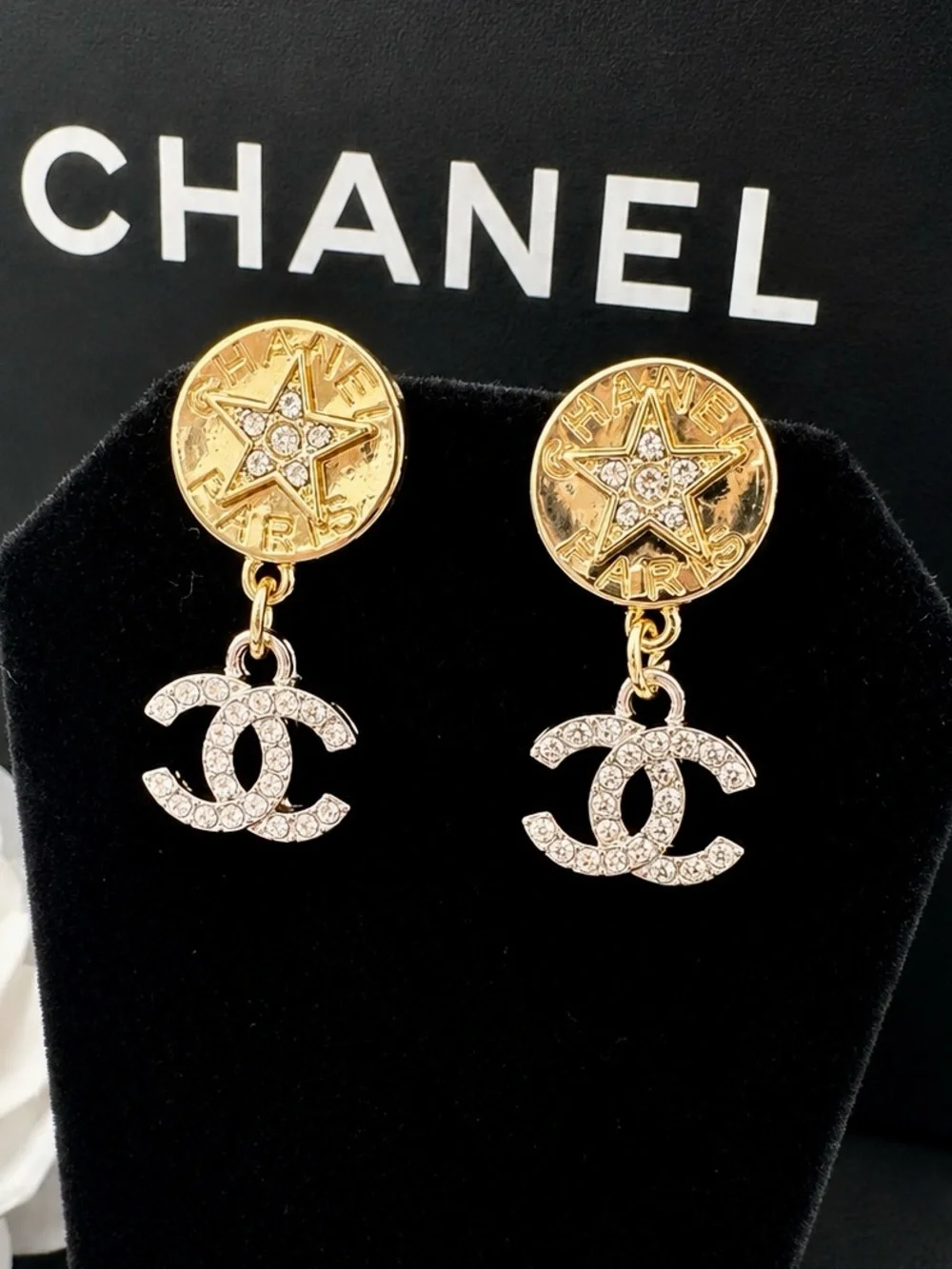 CHANEL Gold & silver Crystal CC Drop Earrings